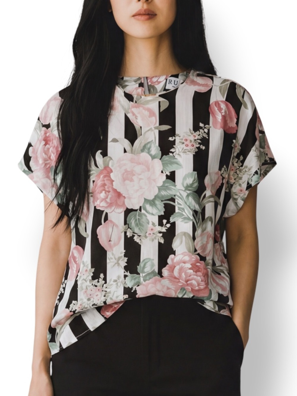 4/$20 Vintage Russ USA Floral Stripe Blouse Top Size 14 Black White Pink